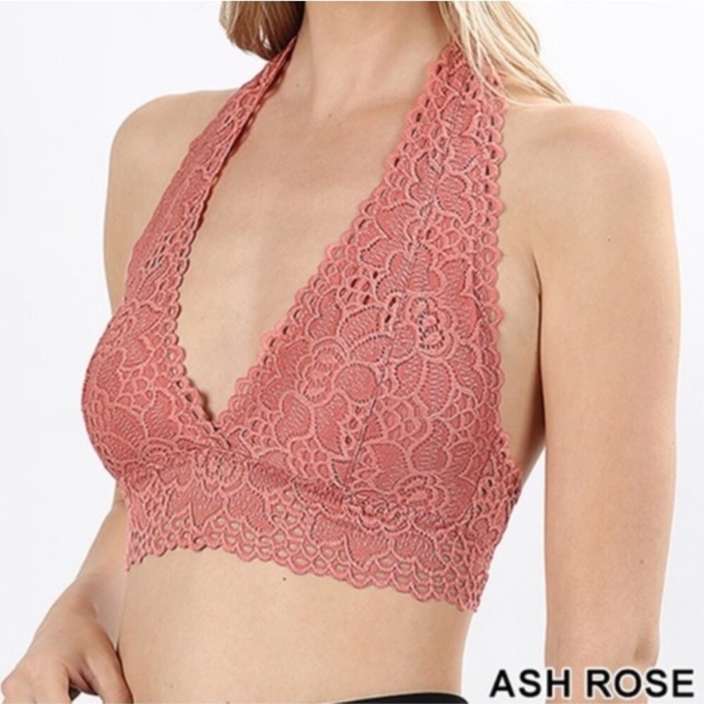 Rose Pink Plus Size Lace Halter Top Bralette